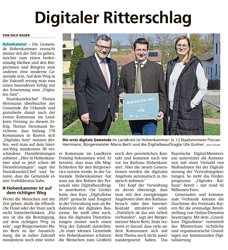 Presseartikel vom 17.04.2023 von Nico Bauer über die Auszeichnung des Rathaus Hohenkammer zum "digitalen Amt"
